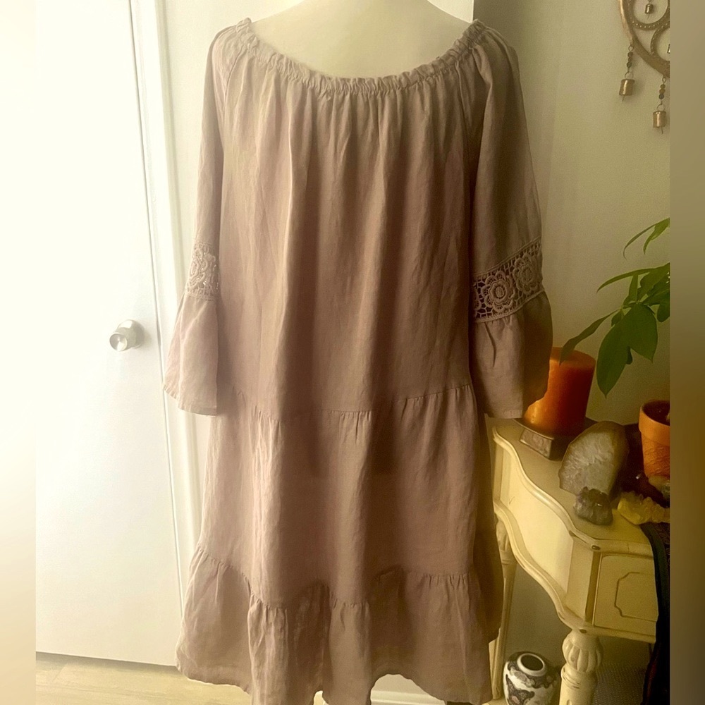 🌹TERZO MILLENNIO EUC Boho Style 100% Linen Size S/M Lace Details MIDI Dress!